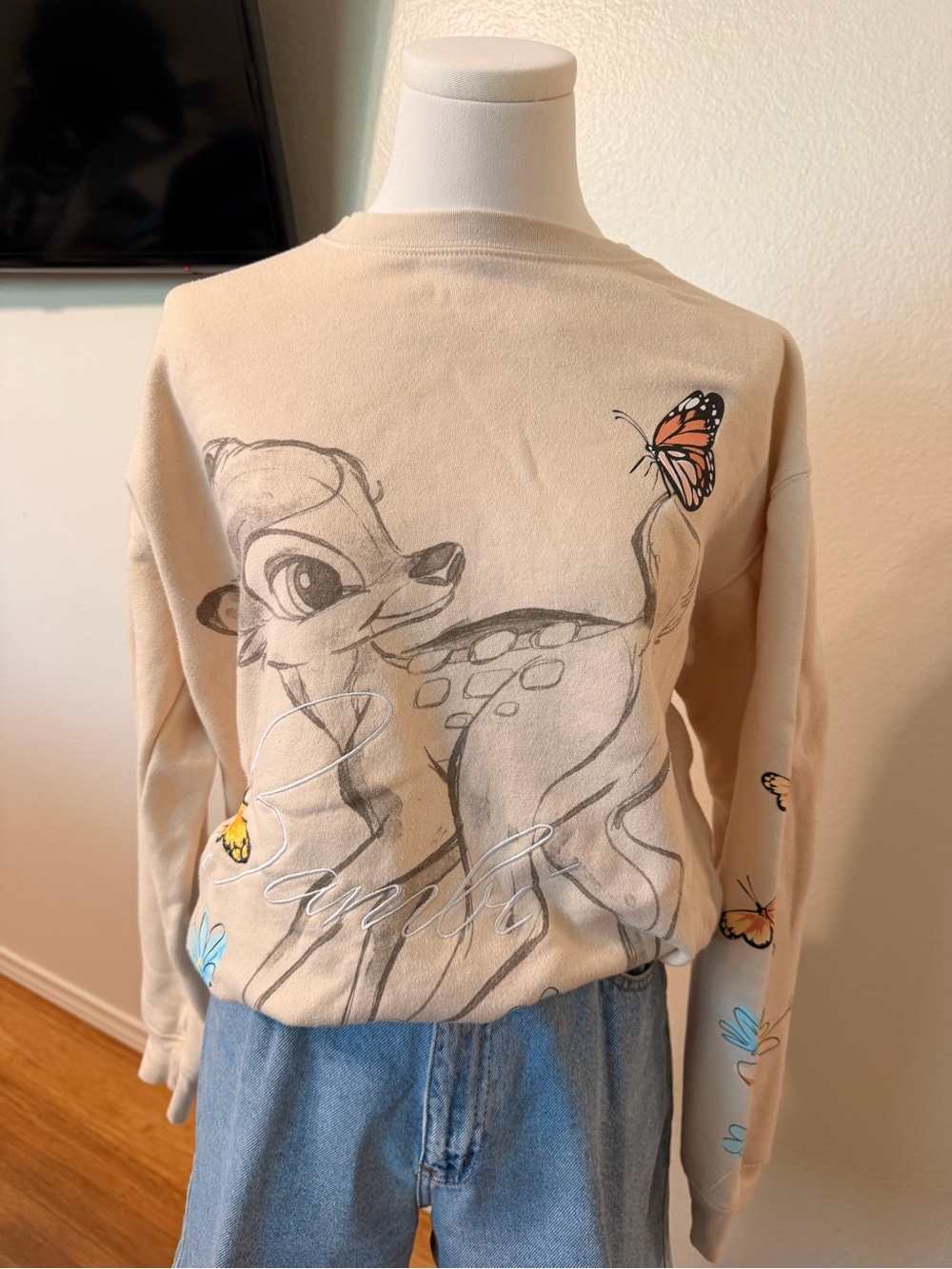 Disney Beige Bambi Graphic Sweatshirt with Butterfly Accents